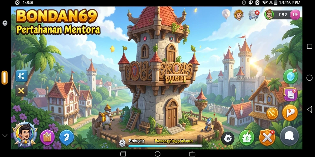 Screenshot utama BONDAN69 menampilkan aksi menara pertahanan melawan gelombang musuh.