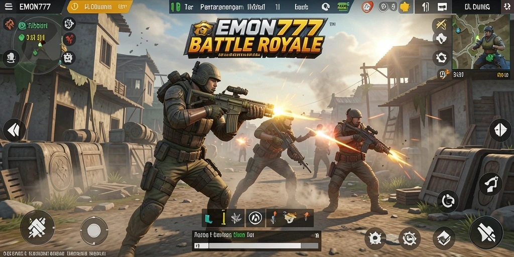 Screenshot EMON777 menampilkan aksi seru gameplay Battle Royale.