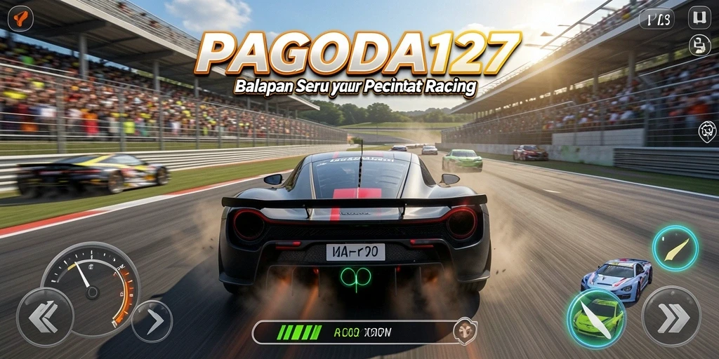Screenshot utama menunjukkan aksi balapan seru di PAGODA127.