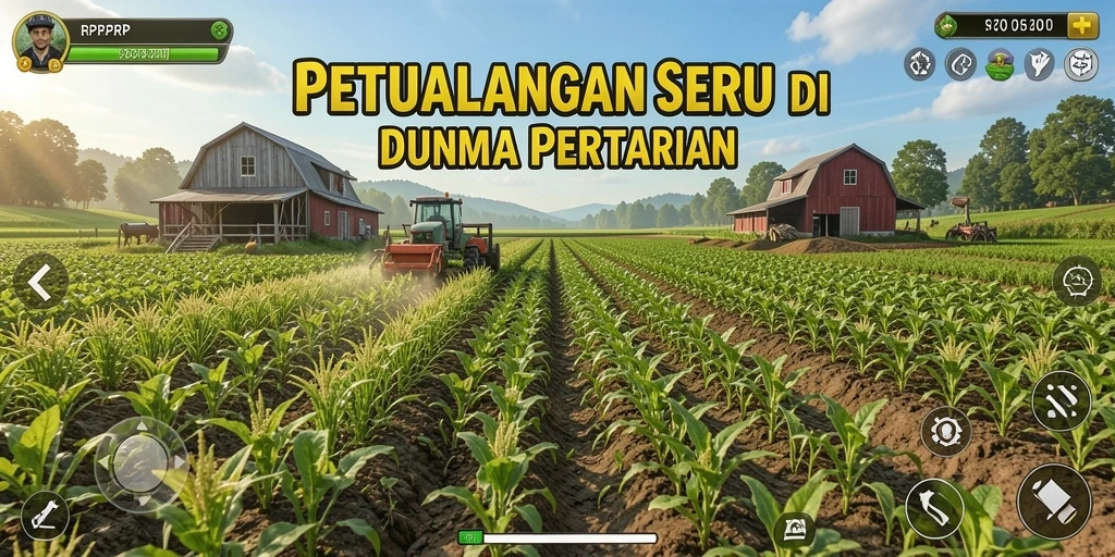 Screenshot gameplay RPRPRP yang menampilkan pertanian yang berwarna-warni.