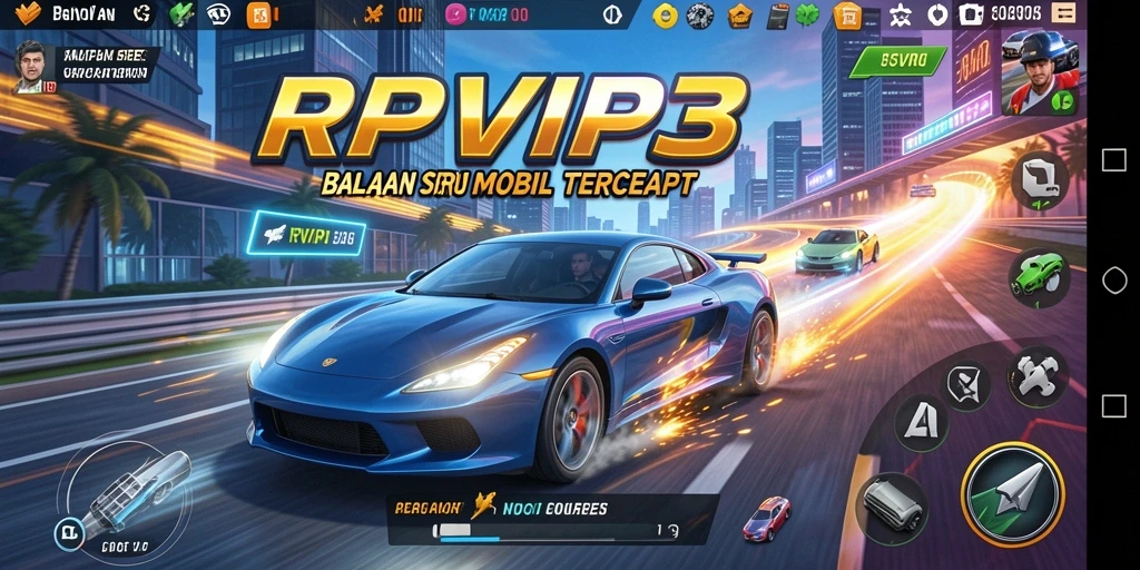 Screenshot gameplay RPVIP3 menampilkan balapan yang intens dan mobil-mobil yang berkilau.