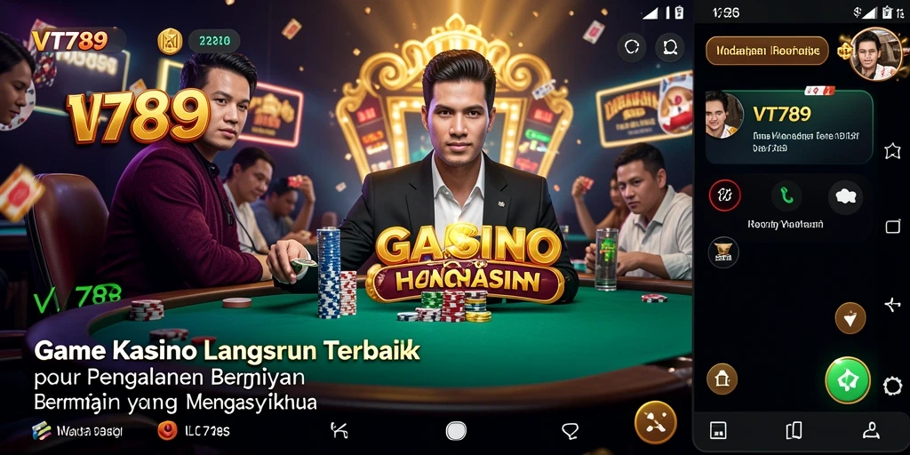 Screenshot gameplay VT789 menampilkan dealer profesional dan suasana kasino langsung.